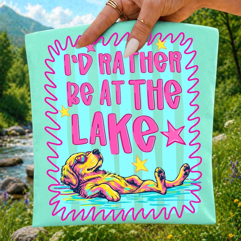 Examples of custom crafts and apparel made using the Lake Dog PNG bundle.