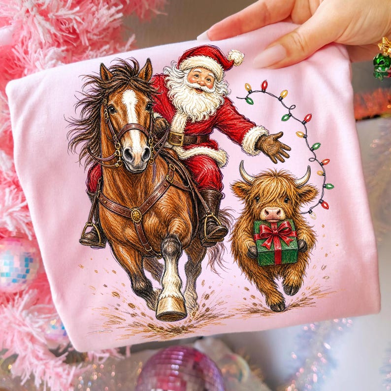 Puede incluir: Una camiseta rosa claro con una ilustraci&oacute;n gr&aacute;fica de Santa Claus montando un caballo marr&oacute;n, acompa&ntilde;ado por una peque&ntilde;a y esponjosa vaca Highland que sostiene un regalo verde con un lazo rojo. Una cadena de luces navide&ntilde;as se arquea arriba.