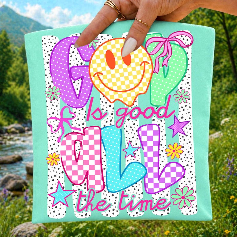 Vibrant 'God is Good All The Time' preppy Christian PNG bundle with boho floral accents, perfect for sublimation.