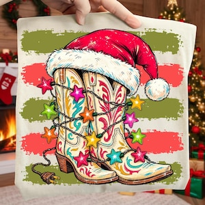 Julcowboystövlar PNG, western semester sublimering, jultomtehatt cowgirl jul PNG, festlig digital nedladdning bild 3