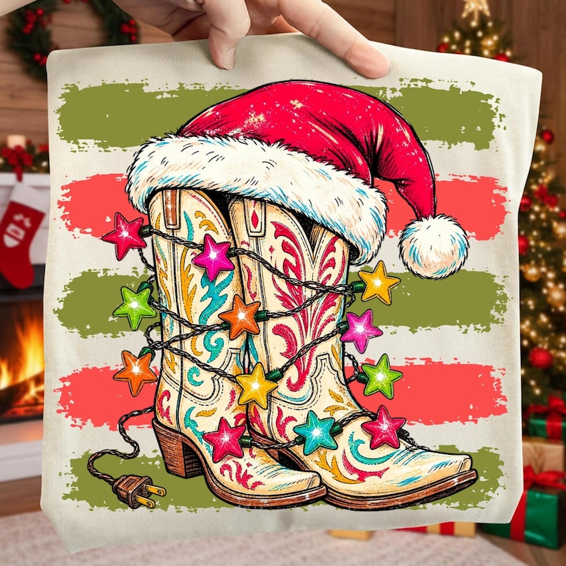 Mockup of the Christmas Cowboy Boots PNG on a white coffee mug.