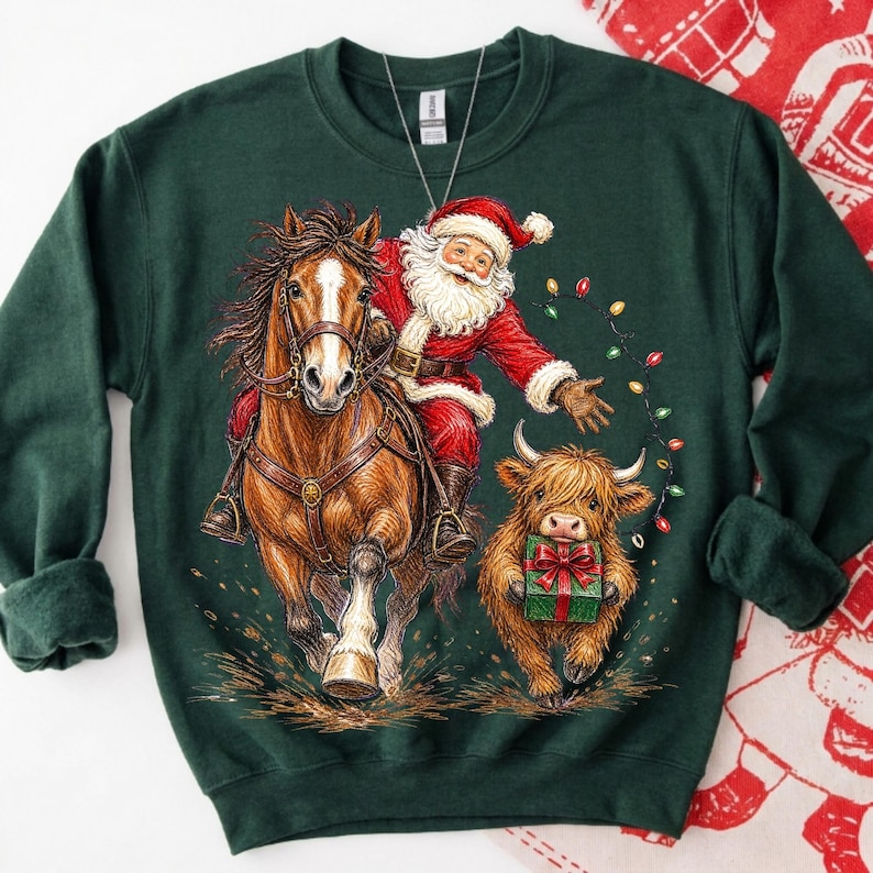 Puede incluir: Una sudadera de cuello redondo verde oscuro con una ilustraci&oacute;n gr&aacute;fica de Santa Claus montando un caballo marr&oacute;n, acompa&ntilde;ado por una peque&ntilde;a vaca Highland que sostiene un regalo verde con un lazo rojo, rodeado de luces navide&ntilde;as de colores.