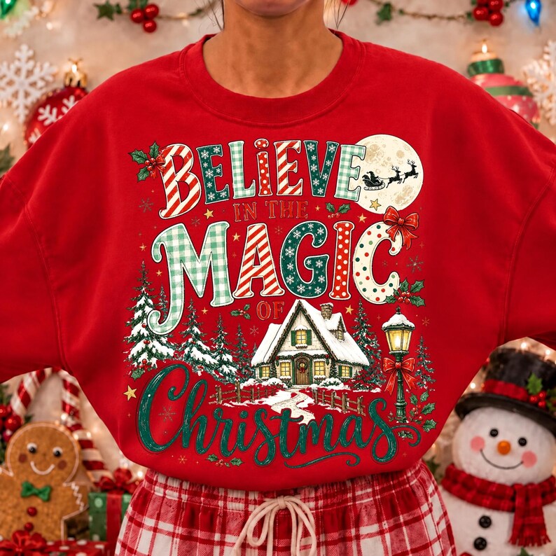 May include: A red crewneck sweatshirt featuring a graphic print with the text BELIEVE IN THE MAGIC OF CHRISTMAS. The design includes a snowy cottage, a street lamp, pine trees, a full moon with a sleigh silhouette, and holly accents.