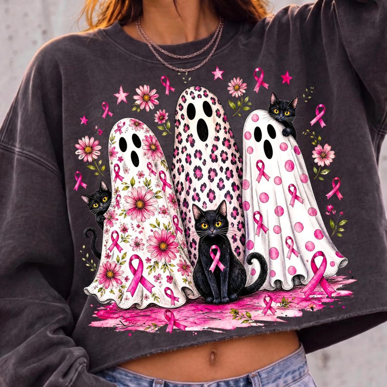 Breast Cancer Ghosts PNG Pink Ribbon Halloween Sublimation Design