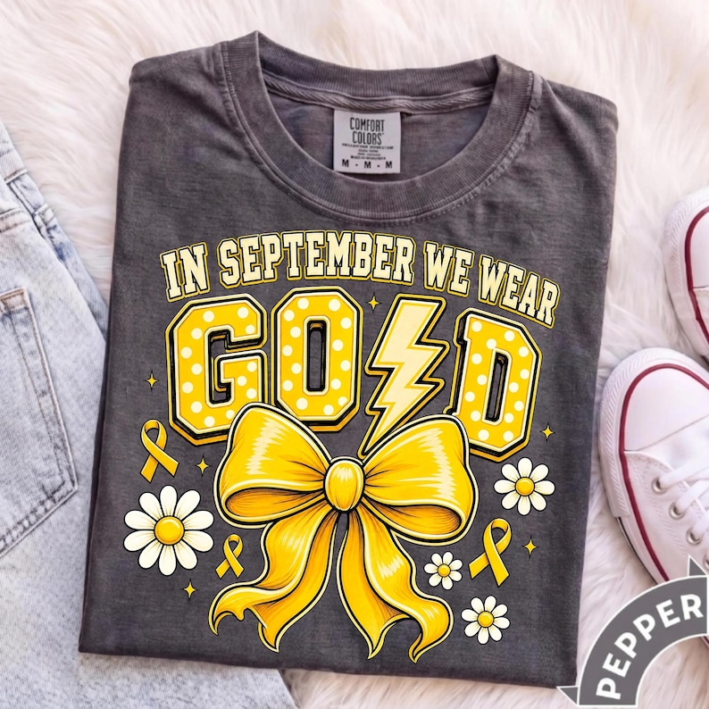 Image of In September We Wear Gold PNG, Childhood Cancer Awareness Bow Sublimation Design