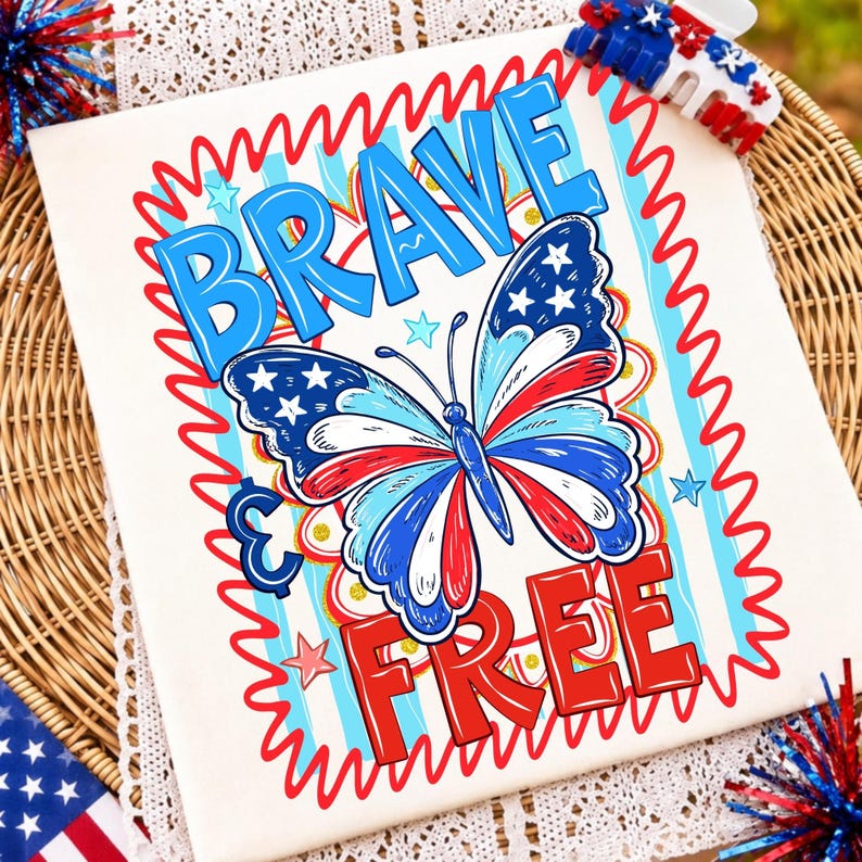 Patriotic Butterfly PNG shirt design with Girly Coquette USA aesthetic for 4th of July crafts.