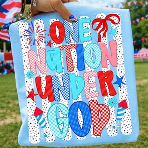Pu&ograve; includere: Una t-shirt azzurra con una stampa grafica che riporta il testo ONE NATION UNDER GOD in motivi a scacchi e a pois rossi, bianchi e blu. Il design include fuochi d'artificio, stelle, un fiocco rosso e illustrazioni di razzi su sfondo a righe.