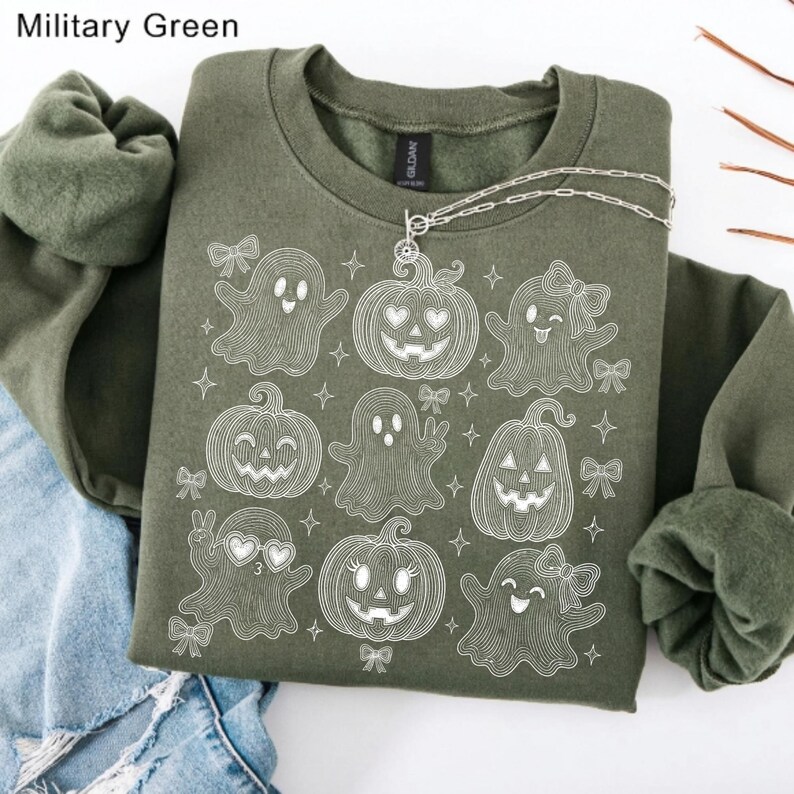 Image of Retro Halloween Ghost Pumpkin Bow PNG, White Outline Spooky Season Sublimation Design