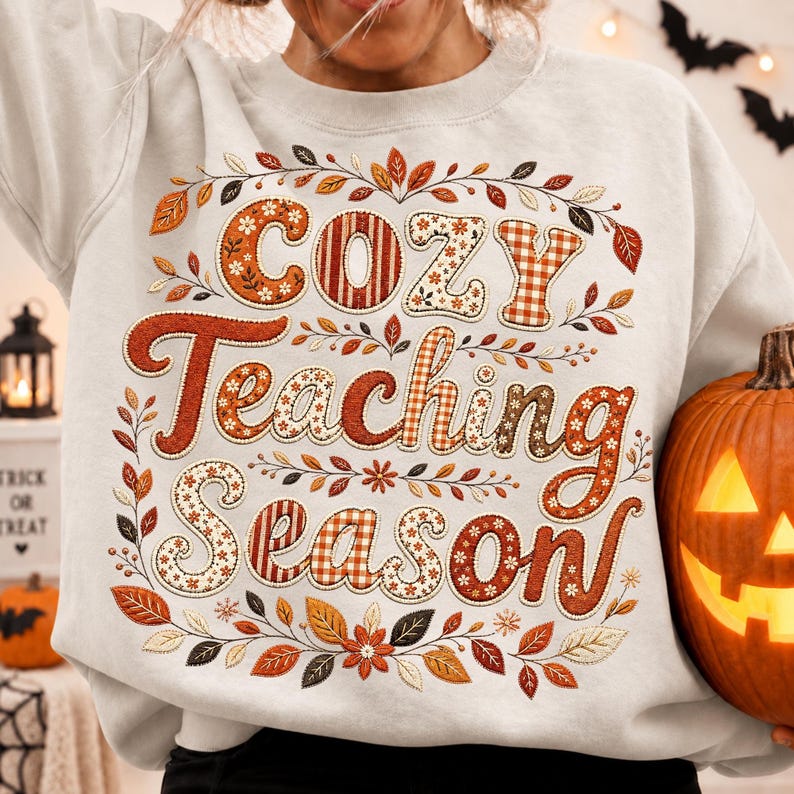 Image of Cozy Teaching Season PNG, Fall Teacher Sublimation, Retro Patchwork Autumn Teacher Shirt Design, Digital Download