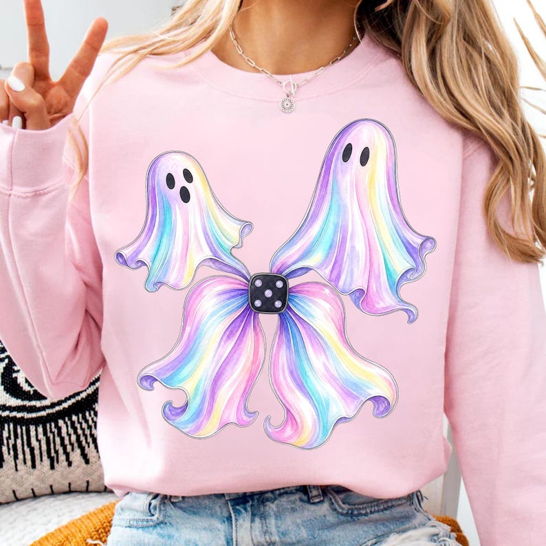 Image of Coquette Ghost Bow PNG, Spooky Halloween Bow Sublimation, Cute Boo Ghost Digital Download