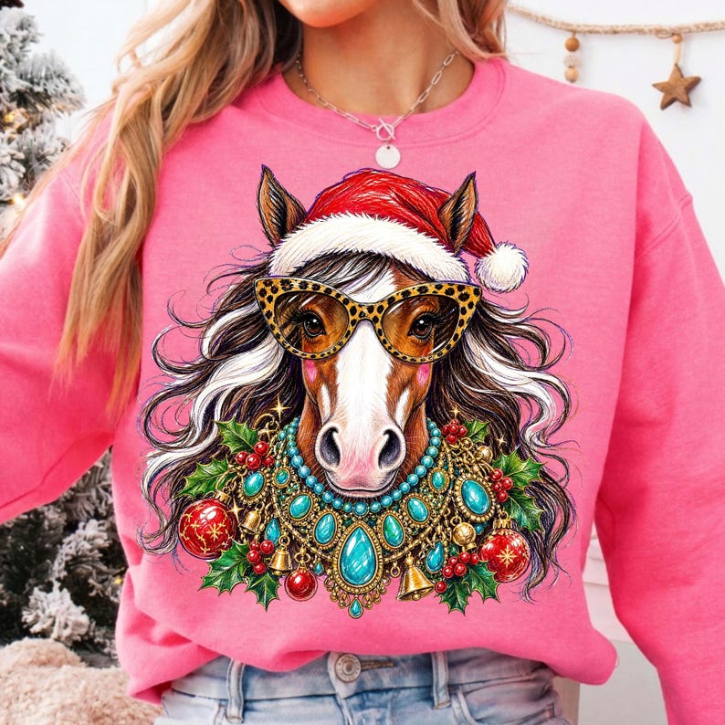 Image of Christmas Horse PNG, Western Holiday Sublimation, Leopard Glasses Horse Digital Download