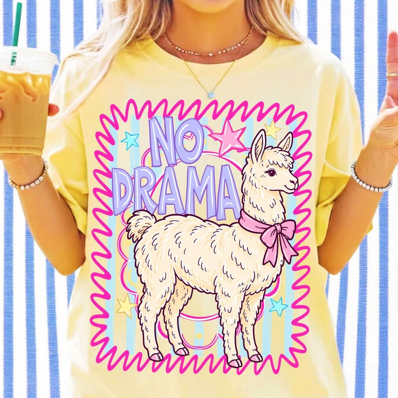 No Drama Llama PNG sublimation design featuring a cute llama with a pink bow