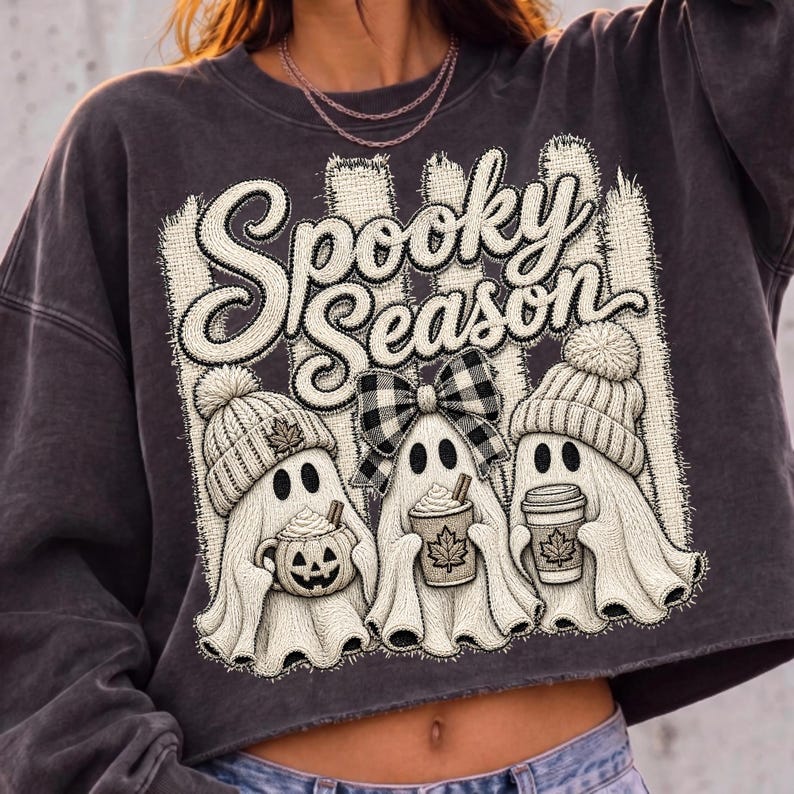 Image of Spooky Season Ghost PNG, Cozy Fall Ghost Sublimation, Halloween Coffee Shirt Design, Retro Autumn Digital Download