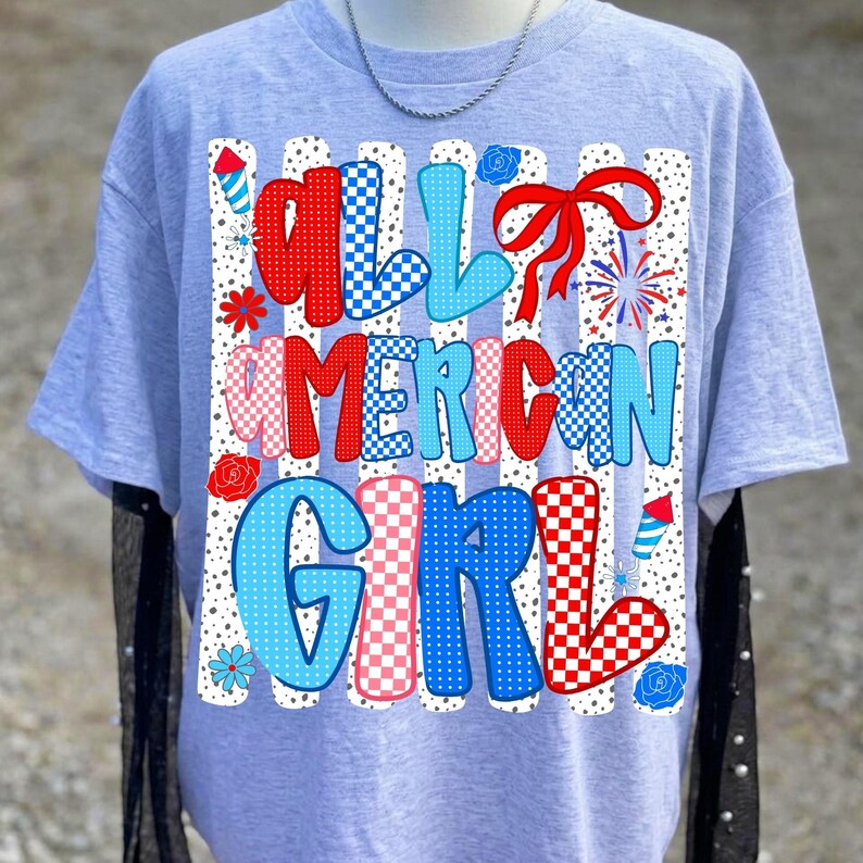 Close-up of the Retro 4th of July PNG letters and numbers showcasing striped and floral patterns in red, white, and blue.