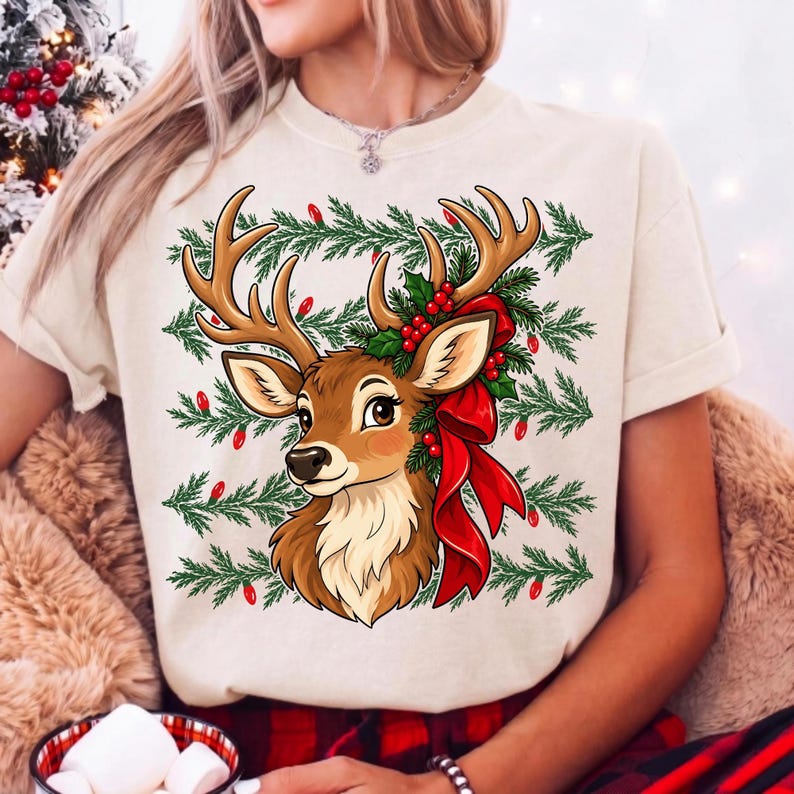 May include: A cream-coloured short-sleeve t-shirt featuring a graphic of a brown deer with large antlers. The deer is adorned with a bright red ribbon and green pine branches with red berries. The background includes horizontal pine branch patterns.