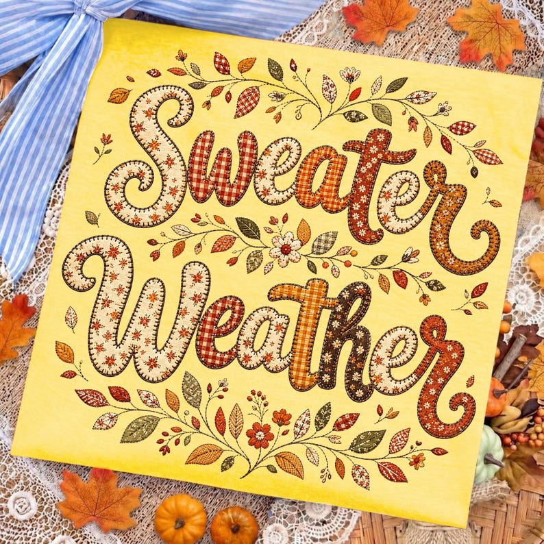 Image of Sweater Weather PNG, Retro Fall Floral Sublimation, Cozy Autumn Shirt Design, Thanksgiving Digital Download