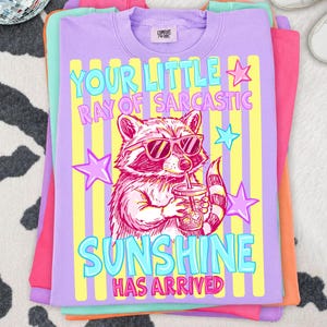 May include: A stack of colorful t-shirts. The top shirt is lavender with a graphic of a raccoon wearing sunglasses and drinking from a cup. Text on the shirt reads "YOUR LITTLE RAY OF SARCASTIC SUNSHINE HAS ARRIVED".