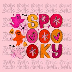 May include: A graphic design featuring the word SPOOKY in large, colorful, bubble-style letters. The image includes illustrations of three ghosts in pink and orange, two jack-o'-lanterns, two black bats, and a spider web on a light pink background.