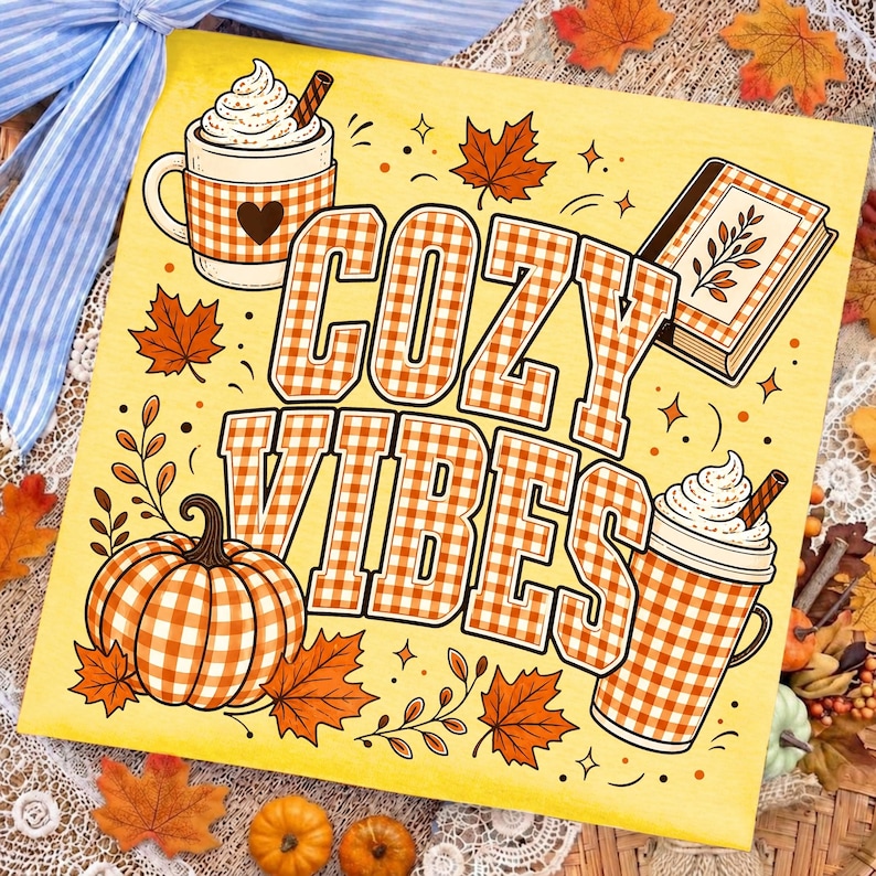 Image of Cozy Vibes PNG, Fall Coffee and Book Sublimation, Gingham Pumpkin Autumn Shirt Design, Pumpkin Spice Digital Download