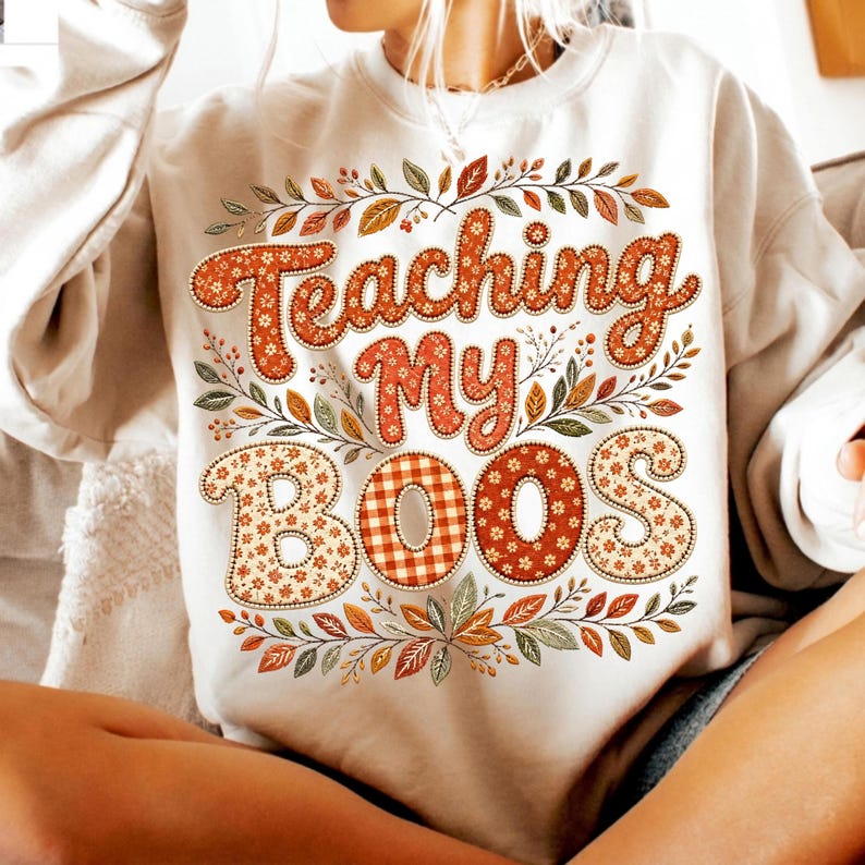 Image of Teaching My Boos PNG, Fall Teacher Sublimation, Retro Floral Autumn Teacher Shirt Design, Halloween Classroom Digital Download
