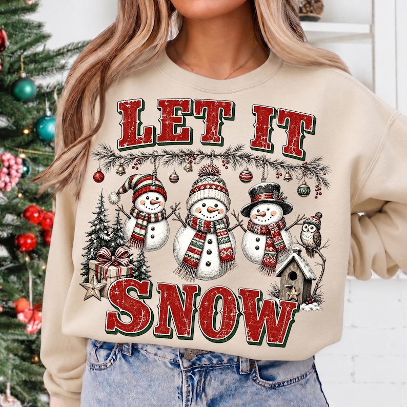 Vintage style snowman Christmas sublimation design on a cozy sweatshirt