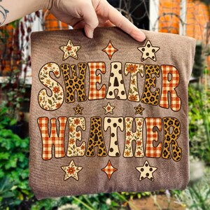 May include: A brown t-shirt featuring the text SWEATER WEATHER in large, blocky letters. Each letter is filled with a variety of patterns including orange floral prints, brown leopard spots, red and white plaid, and black polka dots on cream.