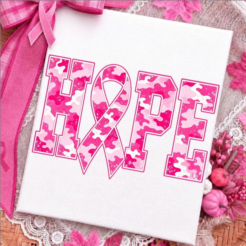 Image of Hope Breast Cancer Awareness PNG, Pink Camo Ribbon Sublimation, October Pink Shirt Design, Cancer Support Digital Download