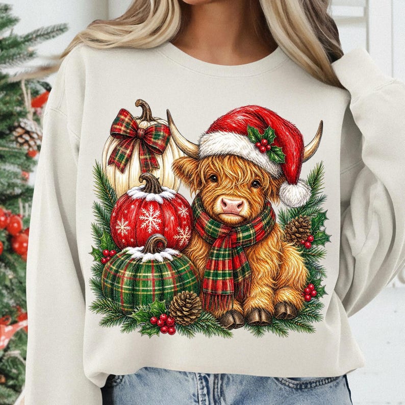 Close-up of Festive Highland Cow PNG on a Mug