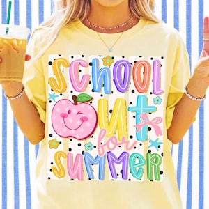 PNG de férias escolares de verão, design fofo de maçã por sublimação, estampa para camiseta do último dia de aula, PNG de férias de verão para professores, arte retrô para camiseta. imagem 1