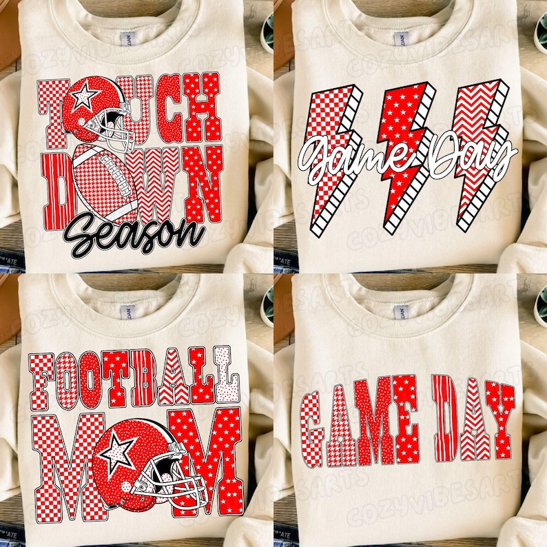 Red Football PNG Bundle featuring leopard and checkered bow designs