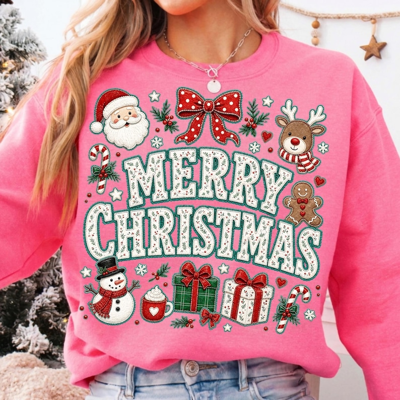 Image of Merry Christmas PNG, Cute Holiday Character Collage, Santa Reindeer Snowman Gingerbread Sublimation, Christmas Shirt Digital Download