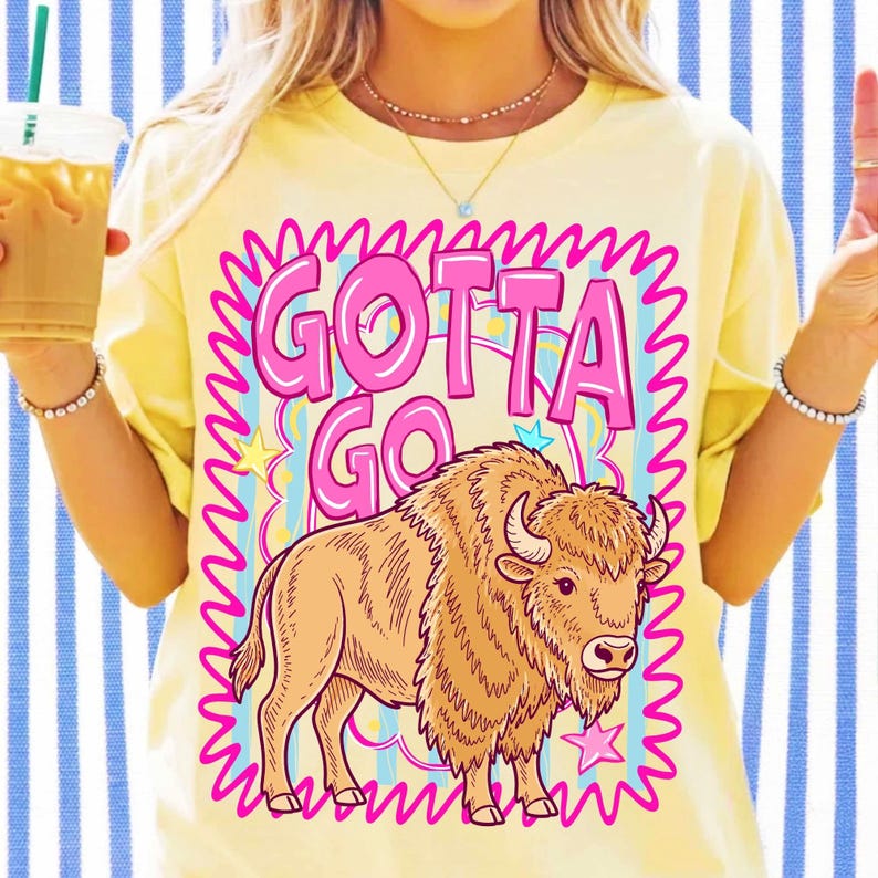 Mockup examples of the Gotta Go Buffalo PNG on a t-shirt and mug, illustrating its versatility for crafters.