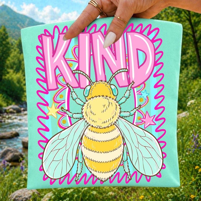 Various mockups showcasing the Bee Kind PNG on a mug, tote bag, and apparel.
