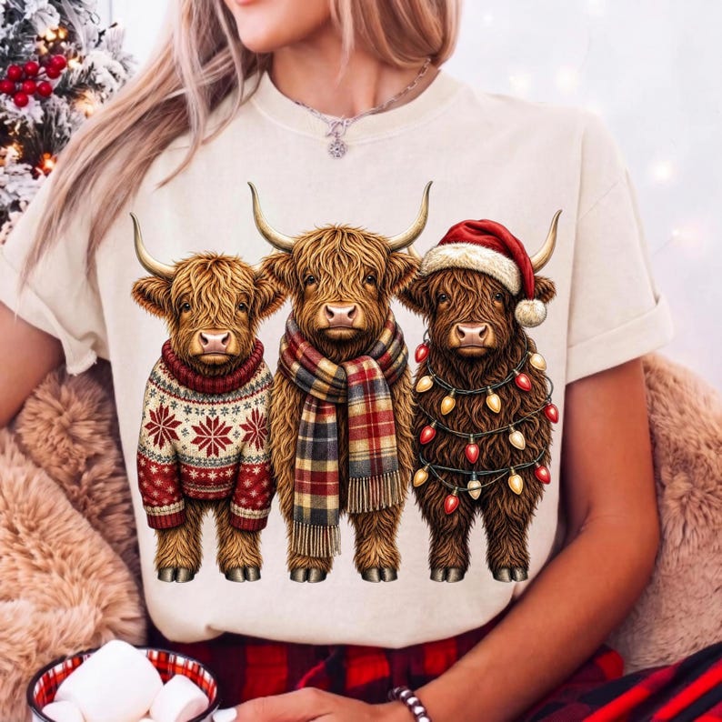 May include: A cream-colored t-shirt featuring a graphic of three brown Highland cows. The left cow wears a red and white snowflake sweater, the middle cow wears a plaid scarf, and the right cow wears a red Santa hat and string lights.