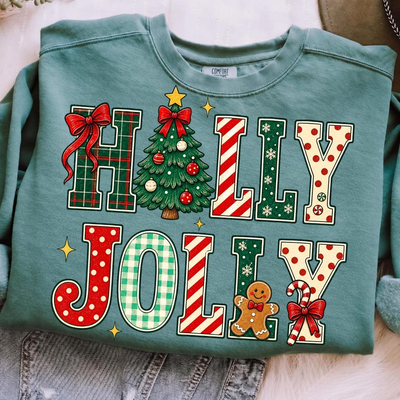 Image of Holly Jolly PNG, Christmas Tree Gingerbread Candy Cane Sublimation, Retro Plaid Holiday Shirt Design, Digital Download