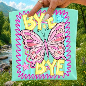 Hejdå fjäril PNG sista skoldagen design retro randig neon lärare sublimeringsfil söt student sommar PNG DTF T-shirt grafik bild 3