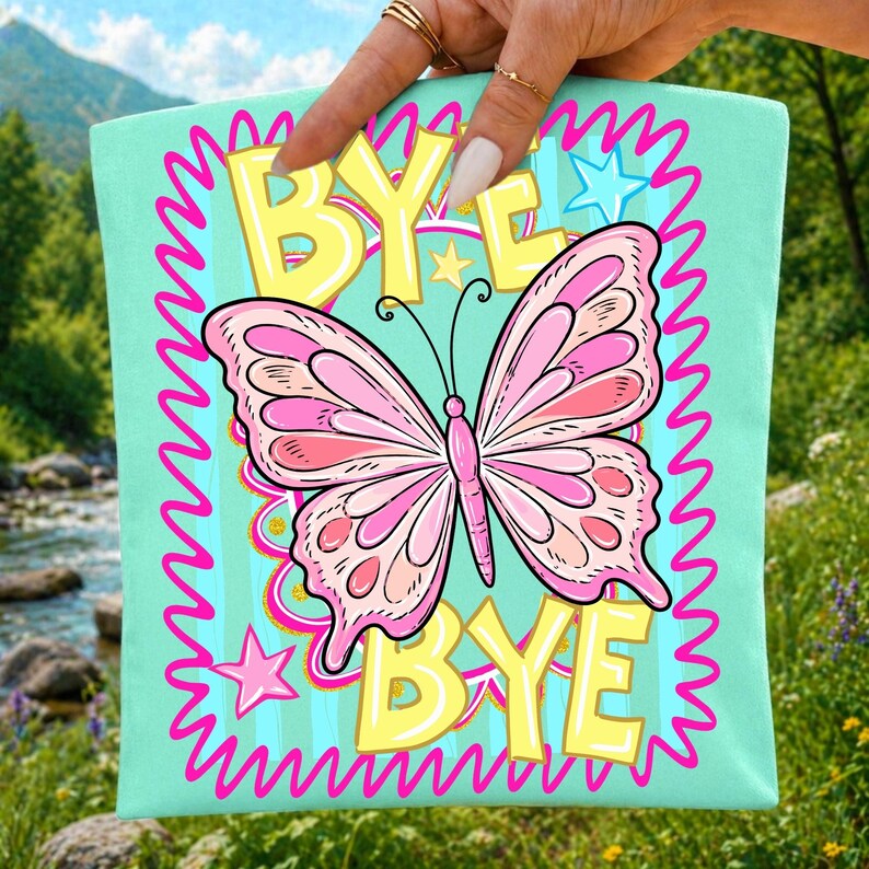 Image of Bye Bye Butterfly PNG Last Day of School Design Retro Striped Neon Teacher Sublimation File Cute Student Summer PNG DTF T-Shirt Graphic