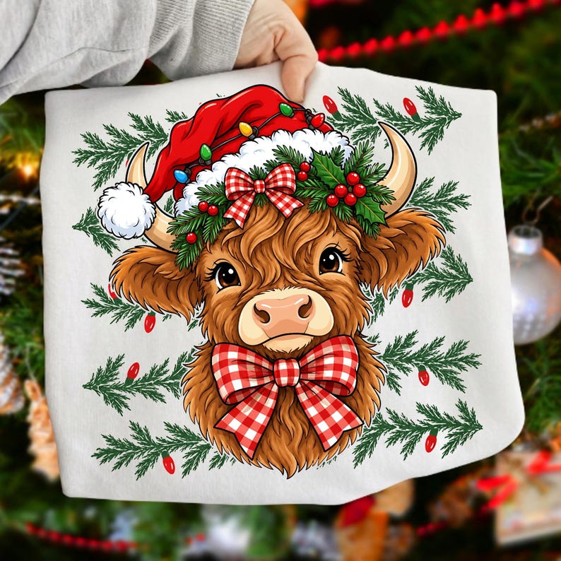 Image of Coquette Christmas Highland Cow PNG, Western Christmas Highland Cow Sublimation Design