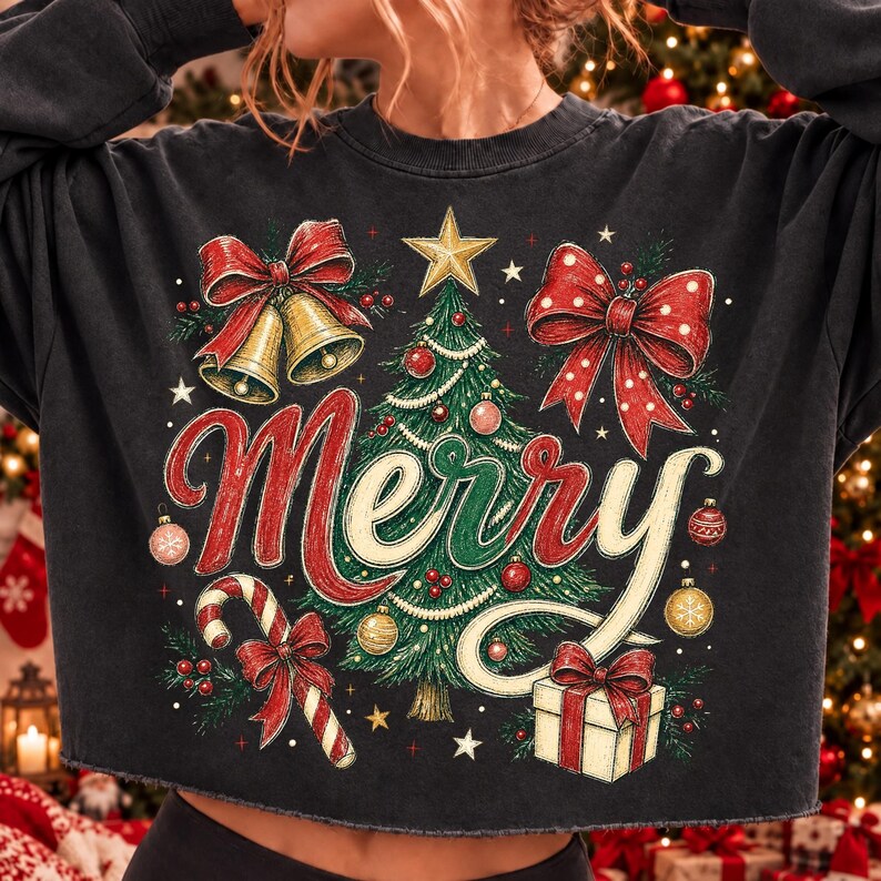 Image of Merry Christmas PNG, Retro Christmas Tree Bow Sublimation, Candy Cane Holiday Shirt Design, Vintage Xmas Digital Download