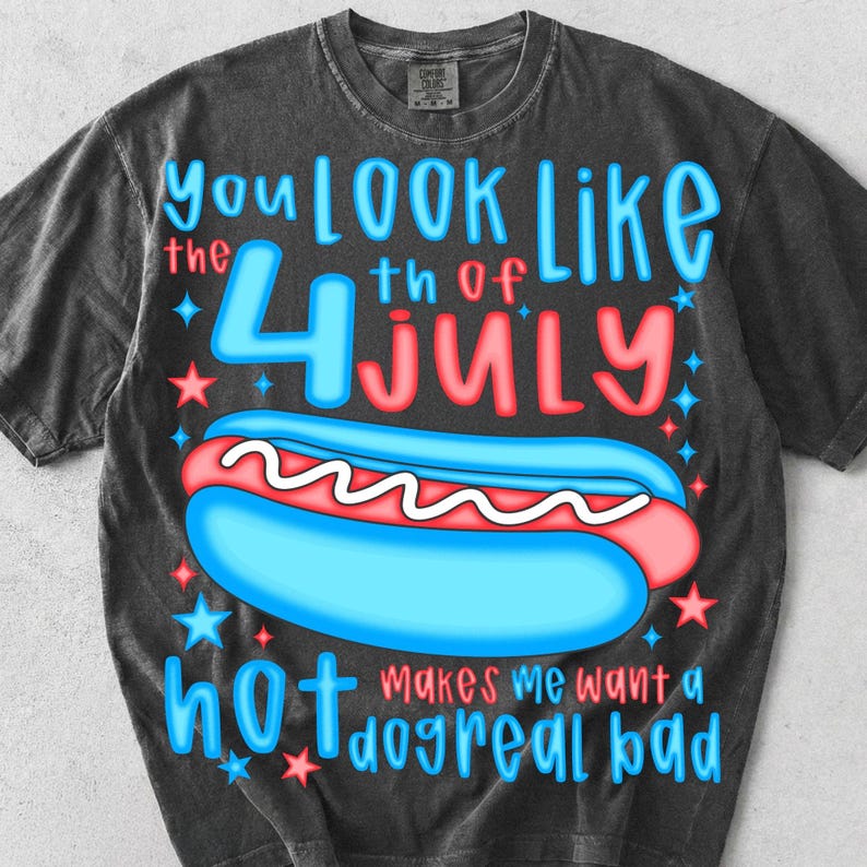 Mockup of a t-shirt featuring the Retro America Hot Dog 4th of July sublimation design.