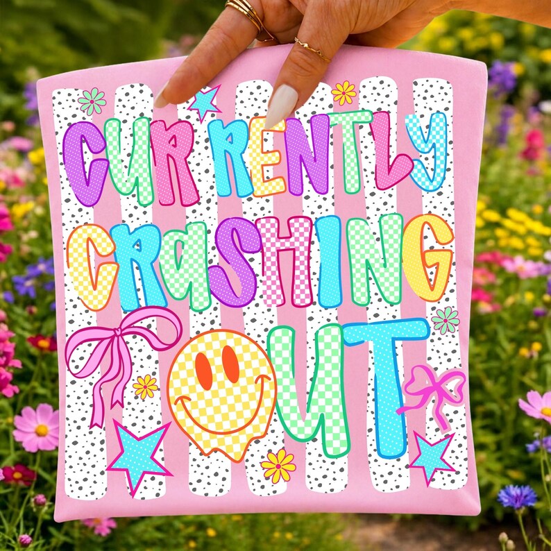 Custom teacher t-shirt mockup featuring the 'Currently Crashing Out' Y2K coquette PNG graphic.
