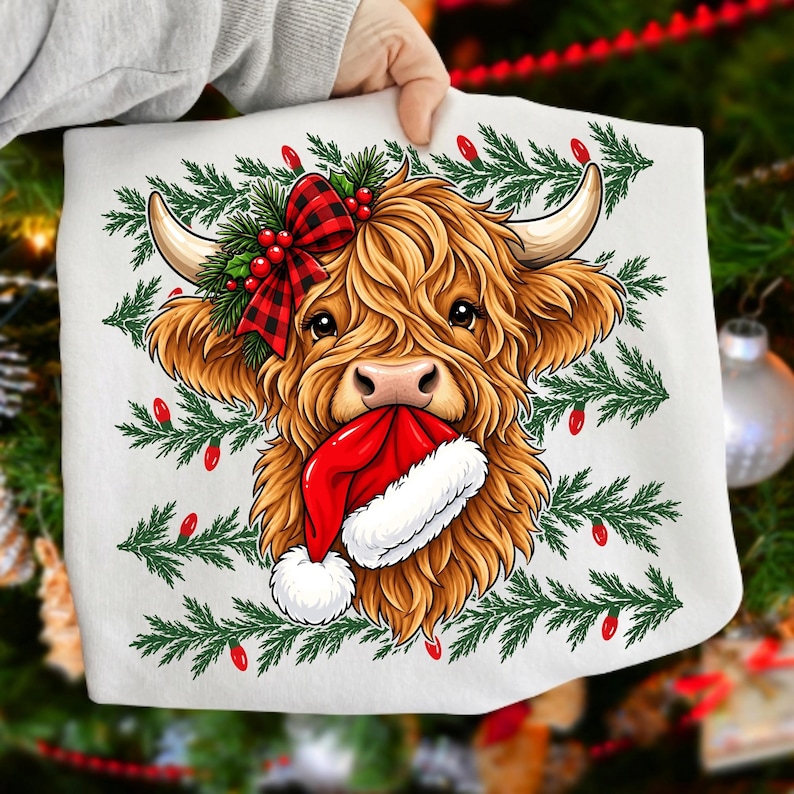 Image of Highland Cow Christmas PNG, Santa Hat Western Cow Sublimation, Coquette Cowgirl Holiday Digital Download