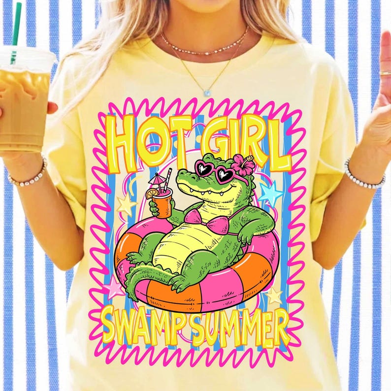 Image of Hot Girl Swamp Summer PNG Sublimation Design, Funny Sassy Alligator Leopard Preppy Clipart, Retro Beach Summer Vacation DTF Tee Graphic