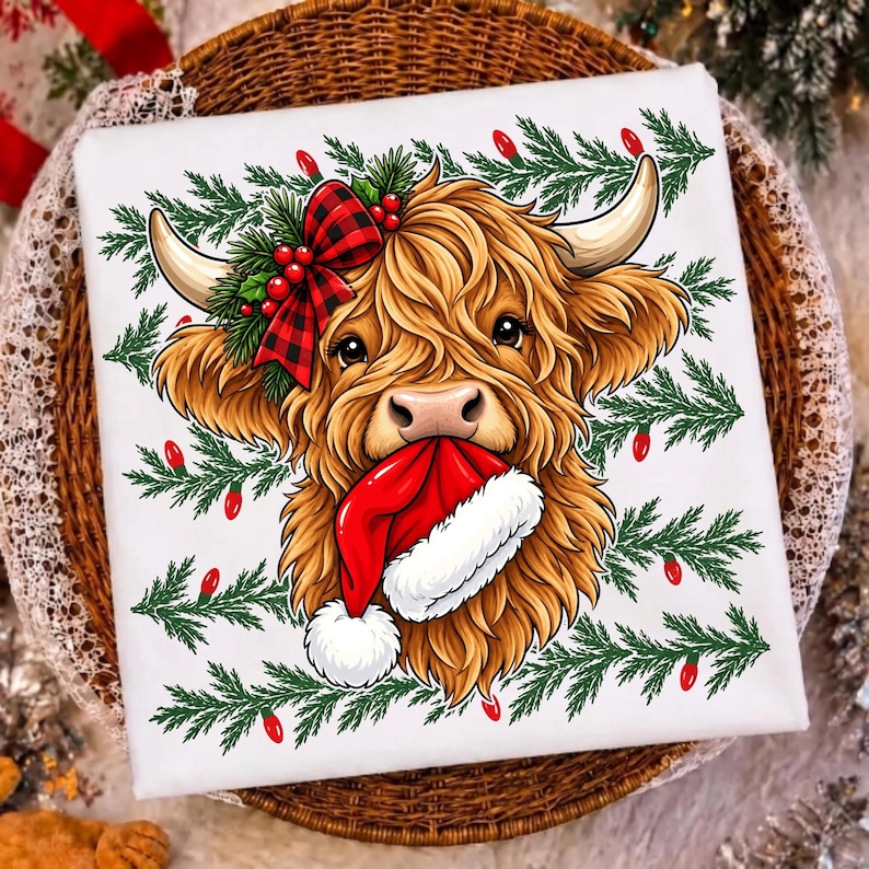 Western holiday Highland cow digital file on festive apparel mockup
