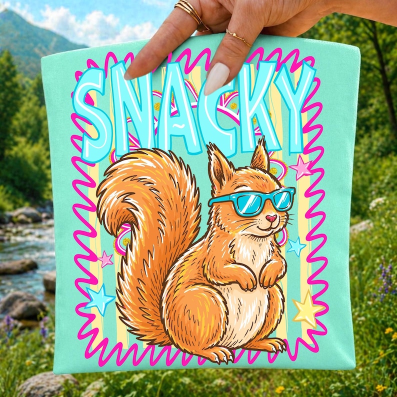 Image of Cute Snacky Squirrel PNG Sublimation Design, Funny Squirrel with Sunglasses Shirt Graphic, Girly Boutique Animal Clipart, Fall DTF File
