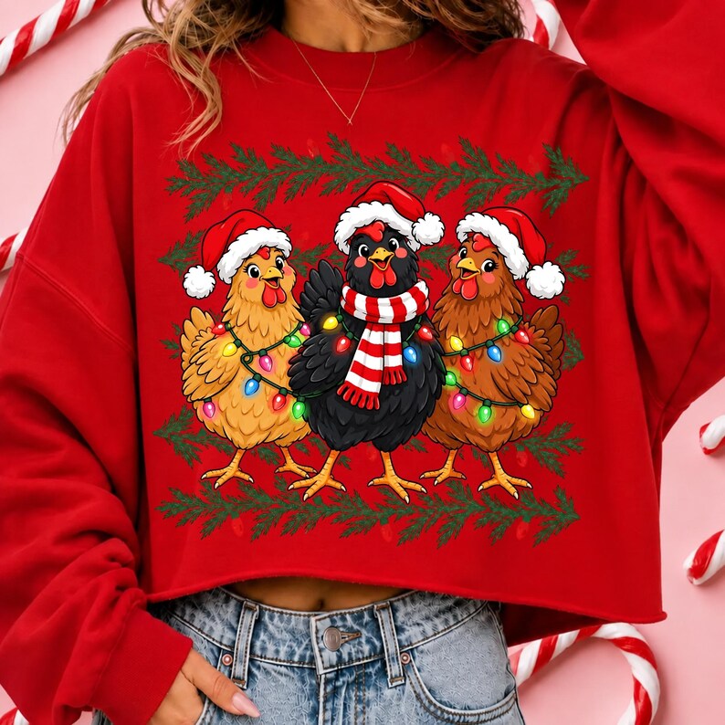 Puede incluir: Una sudadera roja de manga larga con un gr&aacute;fico de tres pollos con gorros de Pap&aacute; Noel. Los pollos est&aacute;n envueltos en luces navide&ntilde;as de colores y el pollo central lleva una bufanda a rayas rojas y blancas. Ramas de pino verde enmarcan el dise&ntilde;o.