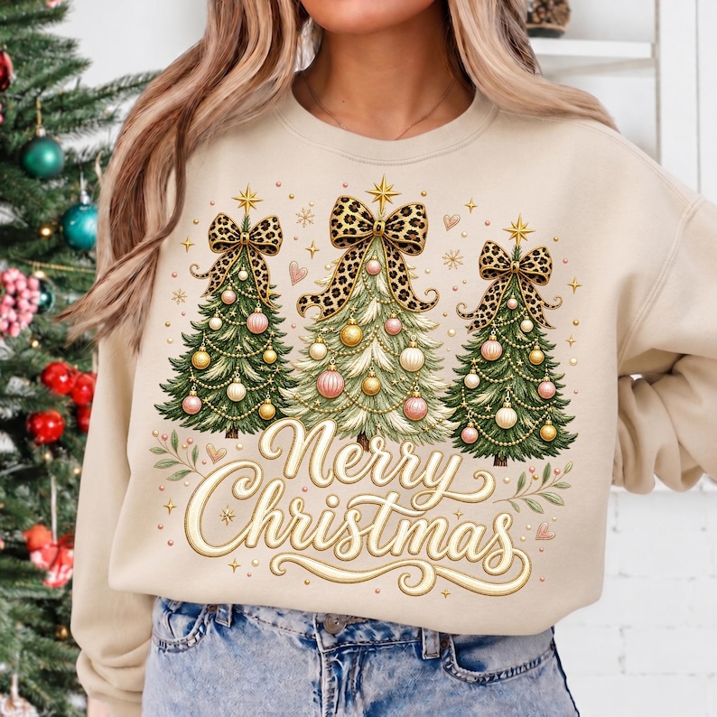 Image of Merry Christmas PNG, Leopard Bow Christmas Tree Sublimation, Coquette Holiday Tree Shirt Design, Digital Download