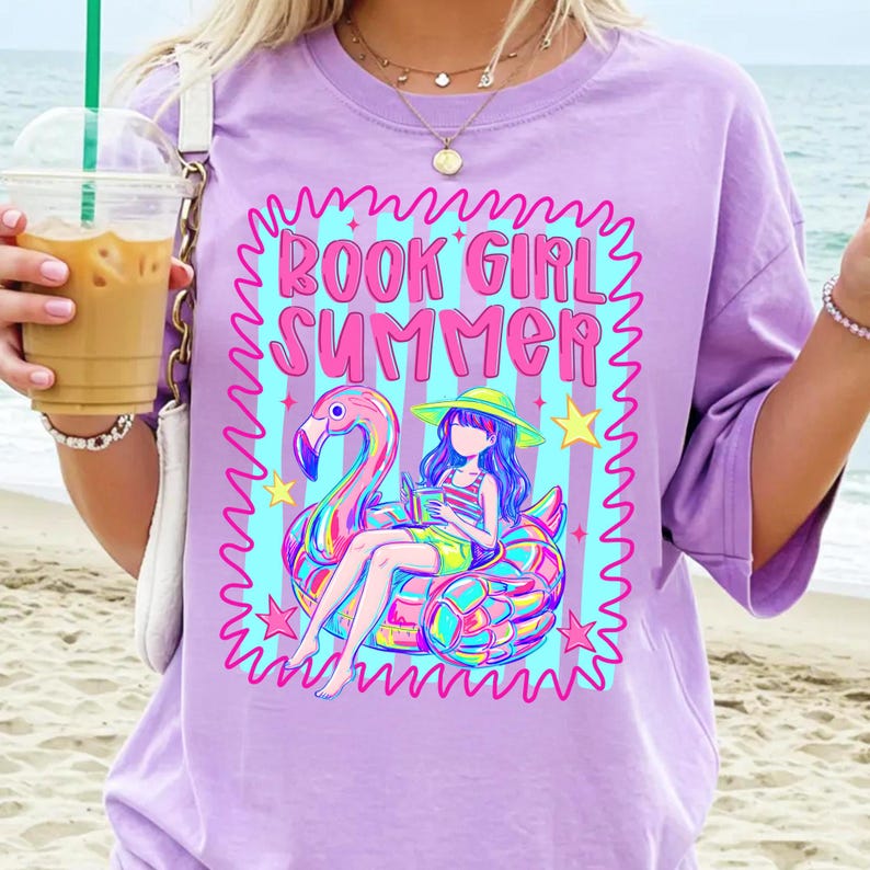 Mockup of a t-shirt featuring a 'Book Girl Summer' design created with the PNG font.