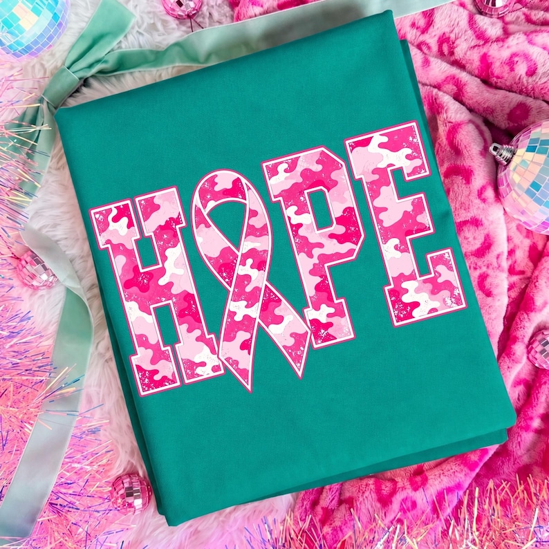 Image of Hope Breast Cancer Awareness PNG, Pink Camo Ribbon Sublimation, October Pink Shirt Design, Cancer Support Digital Download