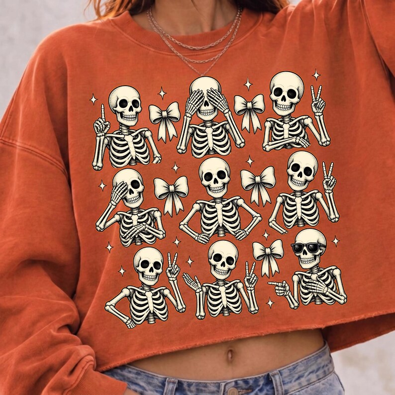 Image of Halloween Skeleton PNG, Spooky Season Sublimation, Creepy Cute Skeleton Collage, Girly Halloween Digital Download